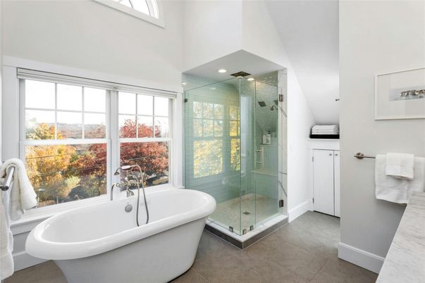 Bathroom, Free Standing Baths, Glass Shower, Interior, Recessed Lighting