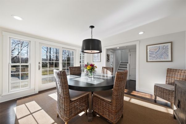 Dining room, Interior, Pendant Lights, Recessed Lighting, Wood Texture Flooring
