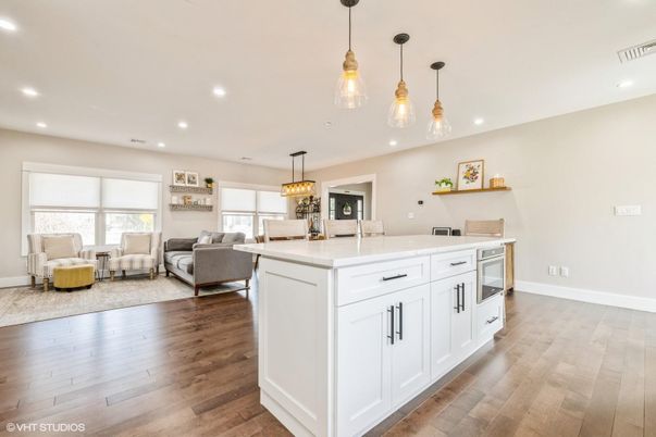 Dining room, Interior, Kitchen, Living room, Pendant Lights, Recessed Lighting, Wood Texture Flooring