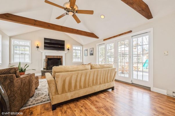Fireplace, Interior, Living room, Recessed Lighting, Wooden Beams, Wood Texture Flooring