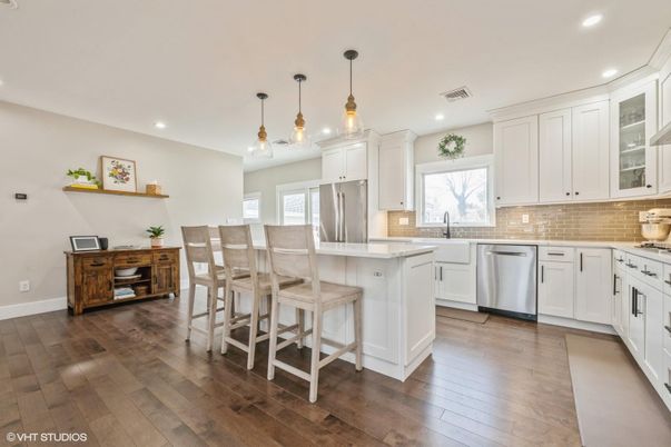 Interior, Kitchen, Pendant Lights, Recessed Lighting, Stainless Steel Appliances, Wood Texture Flooring