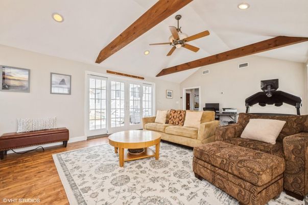 Interior, Living room, Piano, Recessed Lighting, Wooden Beams, Wood Texture Flooring