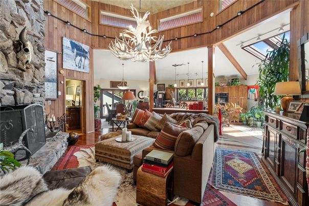 Chandelier, Fireplace, Interior, Living room, Pendant Lights, Stone Walls, Wooden Beams, Wood Texture Flooring, Wooden Walls
