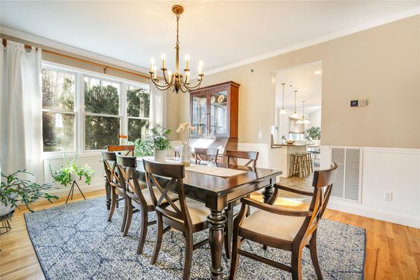 Chandelier, Dining room, Interior, Pendant Lights, Wood Texture Flooring