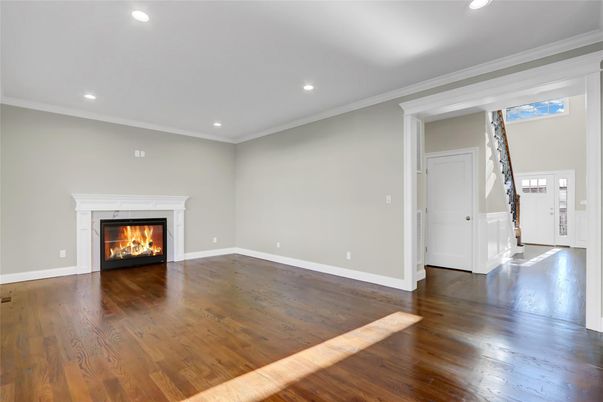 Empty room, Fireplace, Interior, Recessed Lighting, Wood Texture Flooring