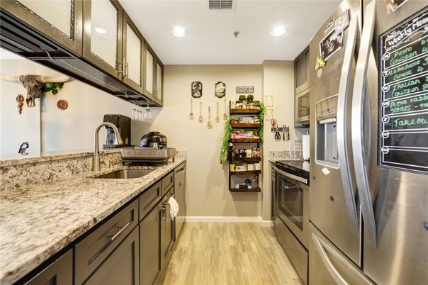 Interior, Kitchen, Recessed Lighting, Stainless Steel Appliances, Wood Texture Flooring