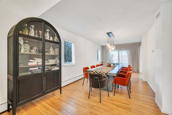 Dining room, Interior, Pendant Lights, Wood Texture Flooring