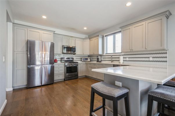 Interior, Kitchen, Recessed Lighting, Stainless Steel Appliances, Wood Texture Flooring