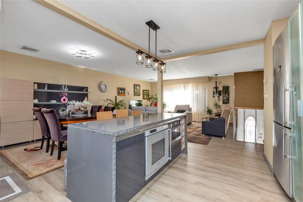 Dining room, Interior, Kitchen, Living room, Pendant Lights, Wood Texture Flooring