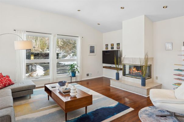 Fireplace, Interior, Living room, Recessed Lighting, Wood Texture Flooring
