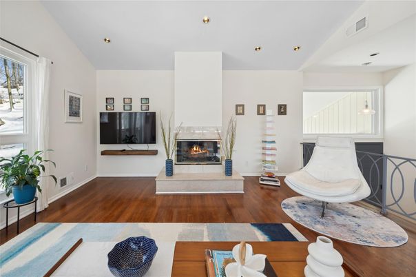 Fireplace, Interior, Pendant Lights, Recessed Lighting, Wood Texture Flooring