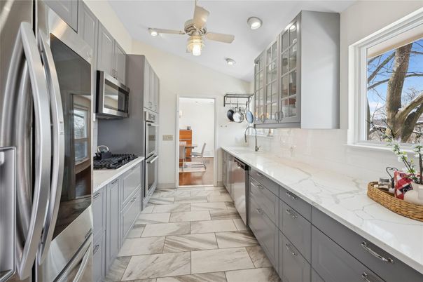 Interior, Kitchen, Marble, Recessed Lighting, Stainless Steel Appliances