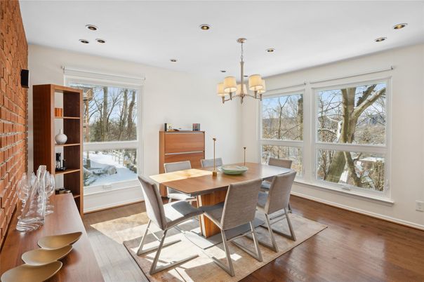 Chandelier, Dining room, Interior, Recessed Lighting, Stone Walls, Wood Texture Flooring