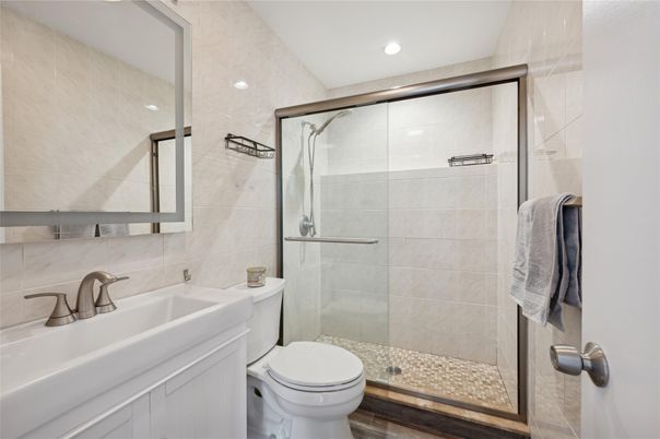 Bathroom, Glass Shower, Interior, Recessed Lighting