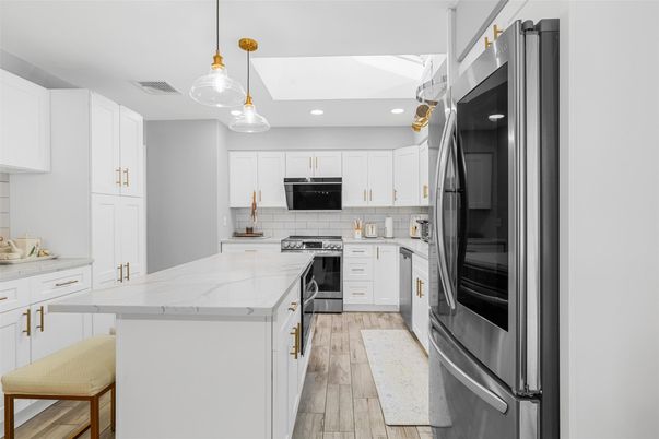 Interior, Kitchen, Pendant Lights, Recessed Lighting, Stainless Steel Appliances, Wood Texture Flooring