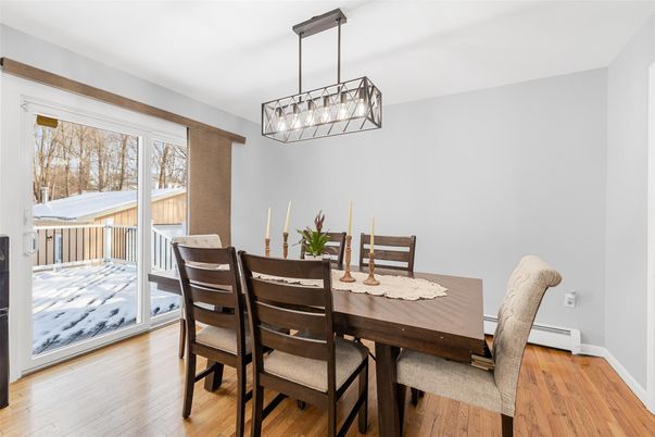 Dining room, Interior, Pendant Lights, Wood Texture Flooring