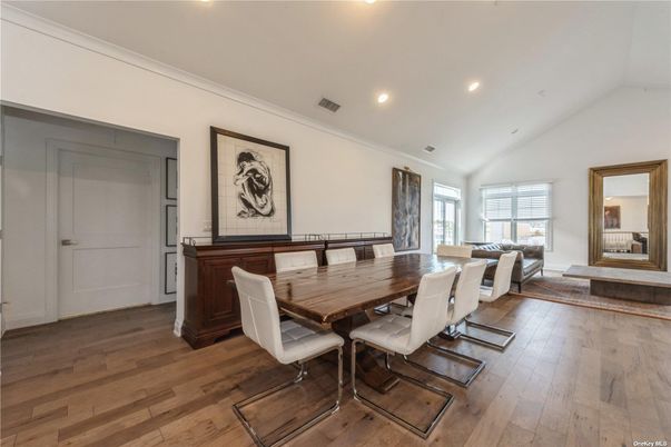Dining room, Interior, Living room, Recessed Lighting, Wood Texture Flooring