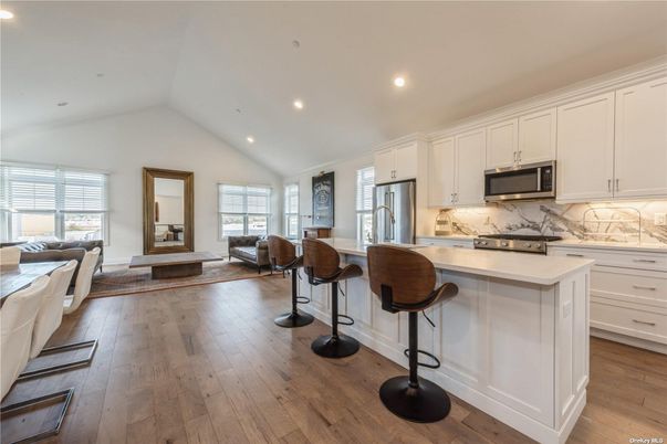 Interior, Kitchen, Living room, Marble Walls, Recessed Lighting, Stainless Steel Appliances, Wood Texture Flooring