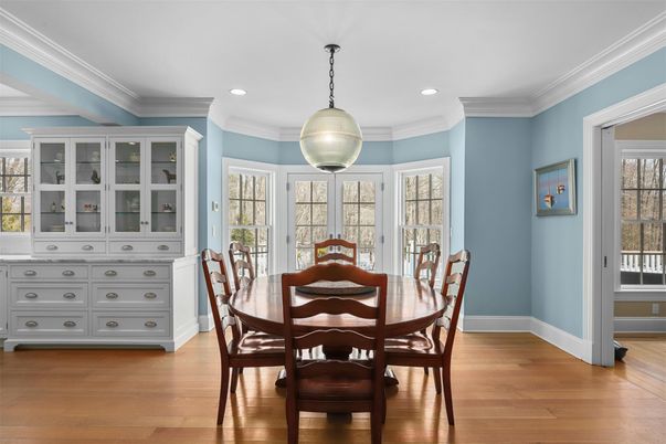 Dining room, Interior, Pendant Lights, Recessed Lighting, Wood Texture Flooring
