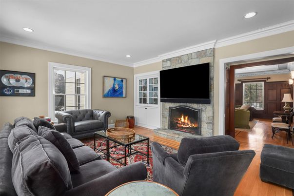Fireplace, Interior, Living room, Recessed Lighting, Wood Texture Flooring