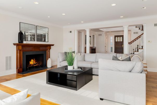 Fireplace, Interior, Living room, Recessed Lighting, Wood Texture Flooring