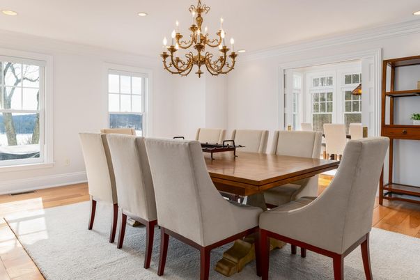 Chandelier, Dining room, Interior, Recessed Lighting, Wood Texture Flooring