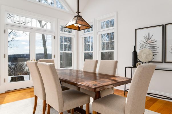 Dining room, Interior, Pendant Lights, Wood Texture Flooring