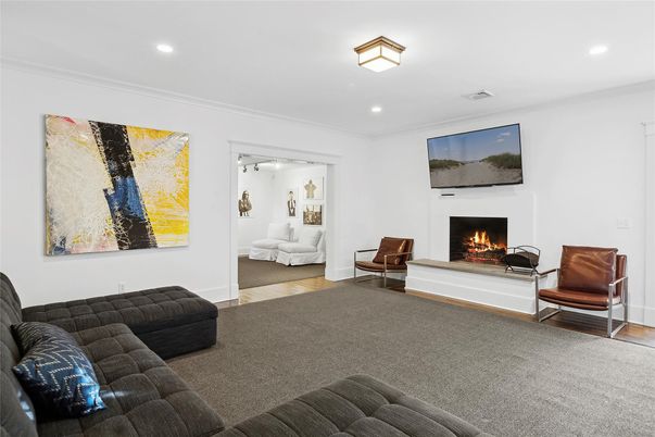Fireplace, Interior, Living room, Recessed Lighting, Wood Texture Flooring
