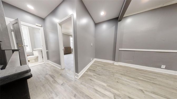 Bathroom, Empty room, Interior, Recessed Lighting, Wood Texture Flooring