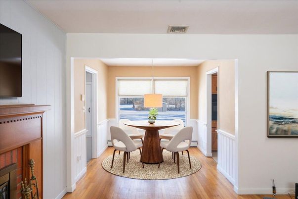 Dining room, Interior, Pendant Lights, Wood Texture Flooring