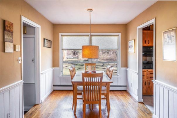 Dining room, Interior, Pendant Lights, Wood Texture Flooring