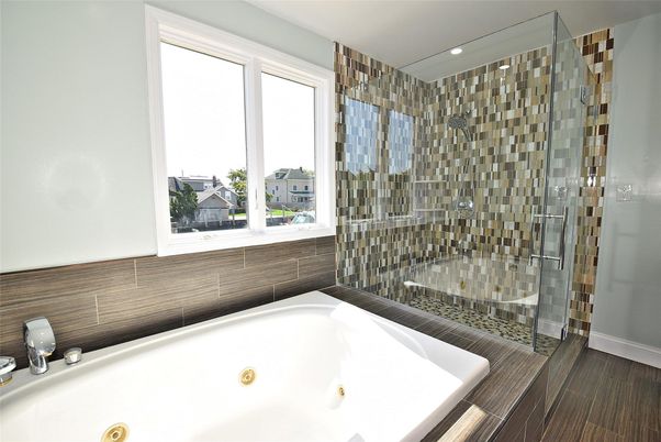 Bathroom, Glass Shower, Interior, Recessed Lighting, Wood Texture Flooring