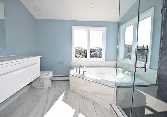 Bathroom, Glass Shower, Interior, Marble, Recessed Lighting