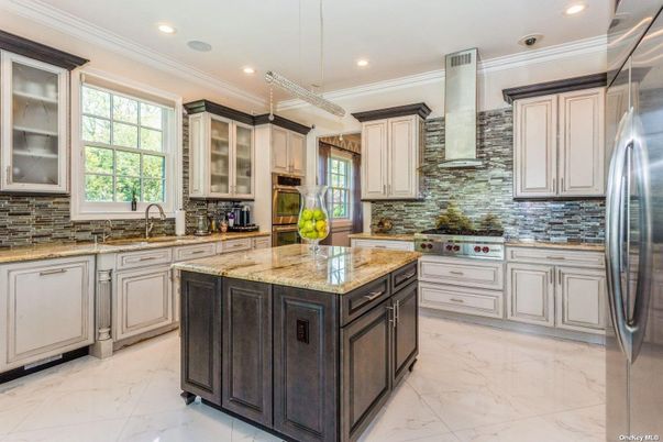 Interior, Kitchen, Marble, Pendant Lights, Recessed Lighting, Stainless Steel Appliances