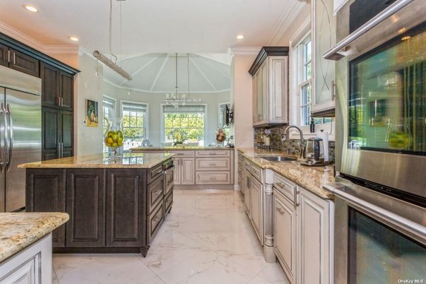 Interior, Kitchen, Marble, Pendant Lights, Recessed Lighting, Stainless Steel Appliances