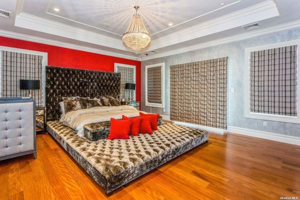 Bedroom, Chandelier, Interior, Recessed Lighting, Wood Texture Flooring