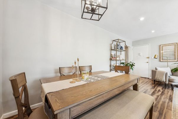 Dining room, Interior, Recessed Lighting, Wood Texture Flooring