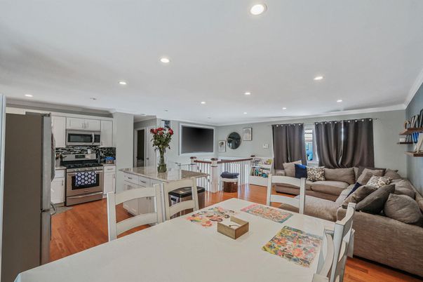 Interior, Kitchen, Living room, Recessed Lighting, Stainless Steel Appliances, Wood Texture Flooring