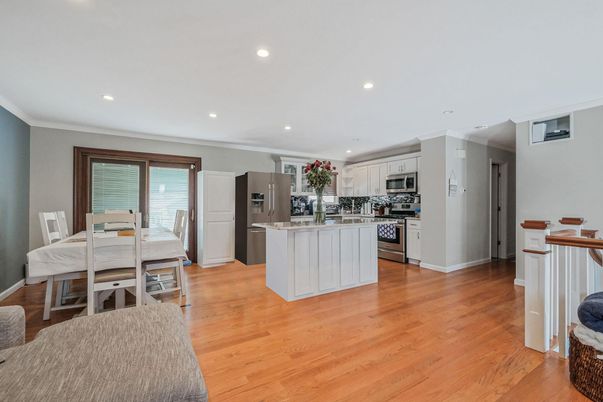 Dining room, Interior, Kitchen, Recessed Lighting, Stainless Steel Appliances, Wood Texture Flooring