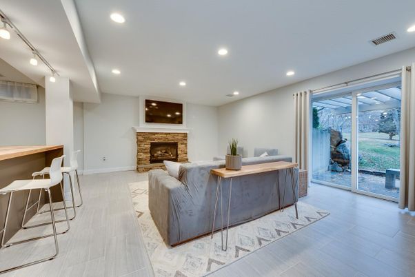 Fireplace, Interior, Living room, Recessed Lighting, Wood Texture Flooring