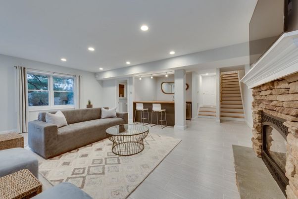 Fireplace, Interior, Living room, Recessed Lighting, Stone Walls