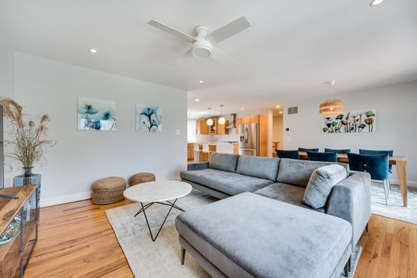 Chandelier, Dining room, Interior, Kitchen, Living room, Recessed Lighting, Stainless Steel Appliances, Wood Texture Flooring