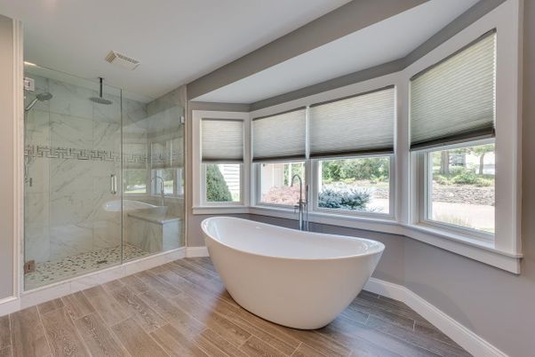 Bathroom, Free Standing Baths, Glass Shower, Interior, Marble Walls, Wood Texture Flooring