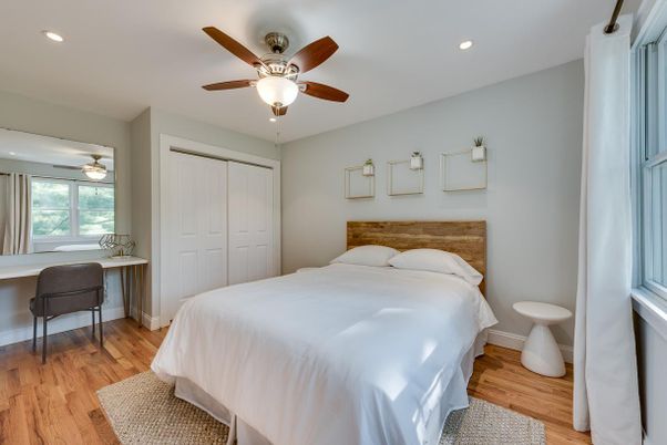 Bedroom, Interior, Recessed Lighting, Wood Texture Flooring