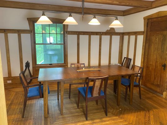 Dining room, Interior, Pendant Lights, Wood Texture Flooring