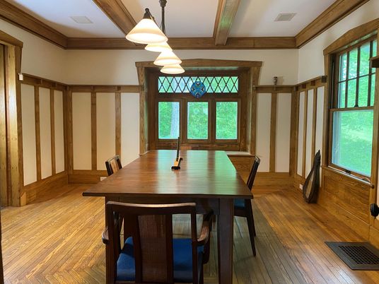 Dining room, Interior, Pendant Lights, Wood Texture Flooring