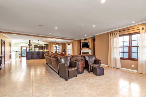 Fireplace, Interior, Kitchen, Living room, Pendant Lights, Recessed Lighting