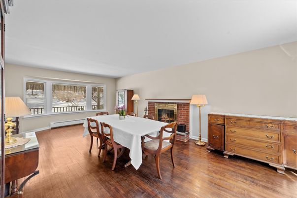 Dining room, Fireplace, Interior, Wood Texture Flooring