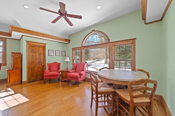 Dining room, Interior, Living room, Recessed Lighting, Wood Texture Flooring