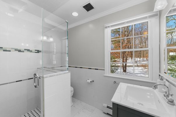 Bathroom, Glass Shower, Interior, Marble, Recessed Lighting